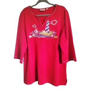 Quacker Factory XL Red Nautical Lighthouse Beaded Embellished 3/4 Sleeve Top NEW